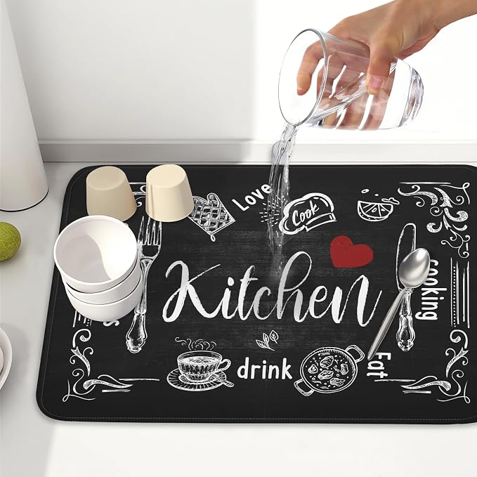 Kawani Black Coffee Bar Dish Drying Mats for Kitchen Counter 18x24 Inch, Kitchen Drying Mat, Kitchen Coffee Bar Dishes Pad Dish Drainer Rack Mats Absorbent Fast Dry Kitchen Accessories Square