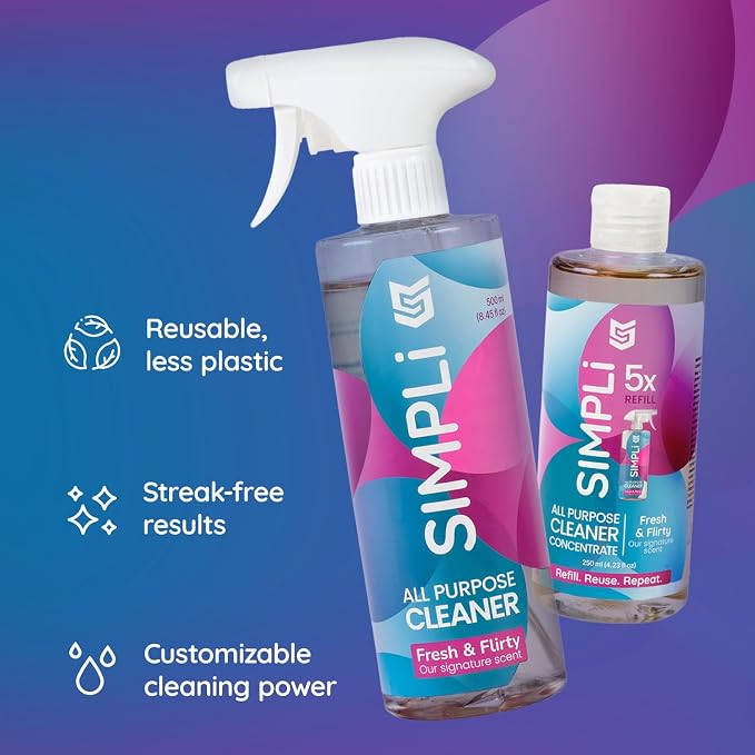 SIMPLi All Purpose Cleaner Starter Kit – Multipurpose Cleaner Concentrate Refill 8.45 fl oz Makes 85 fl oz + Reusable Spray Bottle 17 fl oz – Surface Cleaner for Kitchen, Bathroom, Glass, Floor