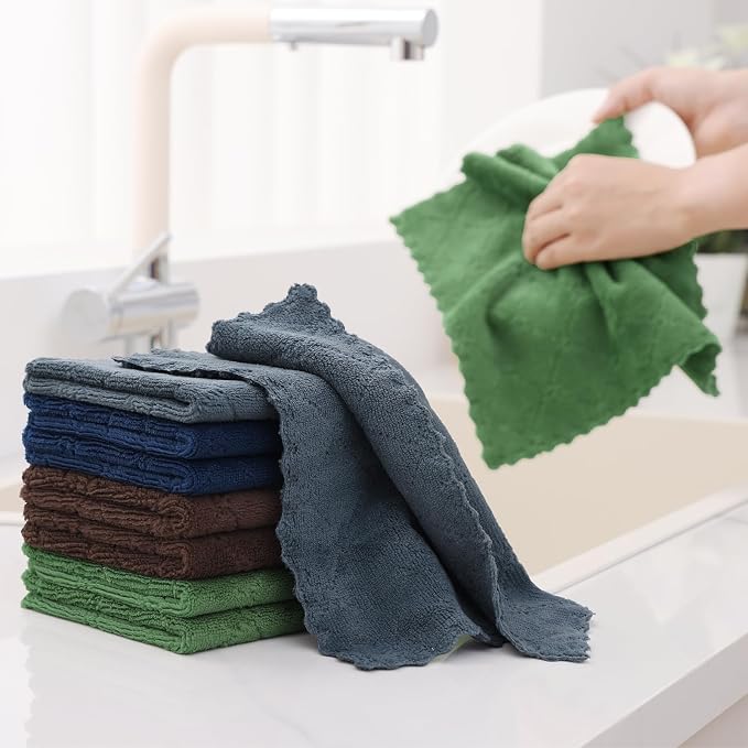 Homaxy 12 Pack Kitchen Dish Cloths, Super Soft and Absorbent Coral Velvet Dish Towels, Nonstick Oil Fast Drying Microfiber Cleaning Cloth, 10 x 10 inches, Navy Blue/Dark Grey/Brown/Grass Green