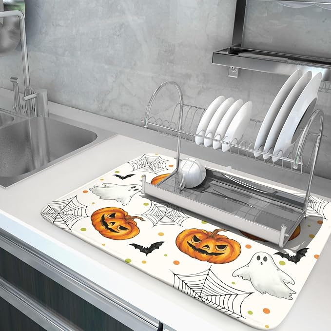 Halloween Dish Drying Mat for Kitchen Counter Ghost Pumpkin Festival Microfiber Absorbent Dish Draining Reusable Washable Foldable Extra Large 18"x24"