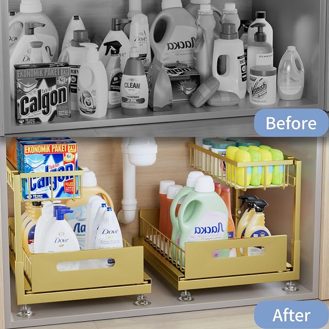 Saydear 2-Pack L-Shaped Under Sink Organizer, 2-Tier Pull-out Cabinet Rack | Gold Height-Adjustable Steel Rack, Sliding Grid Drawers with PP Liners, Holds 100 Lbs, Suction Base, Ideal Kitchen Storage