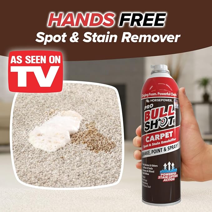 Bull Shot Carpet Spot & Stain Remover, AS SEEN ON TV, Made In USA, Just Point & Spray, Stain-Lifting Foam-Action, Pet Stains & Odors, Coffee, Soda, Wine, Stains, 2 Pack