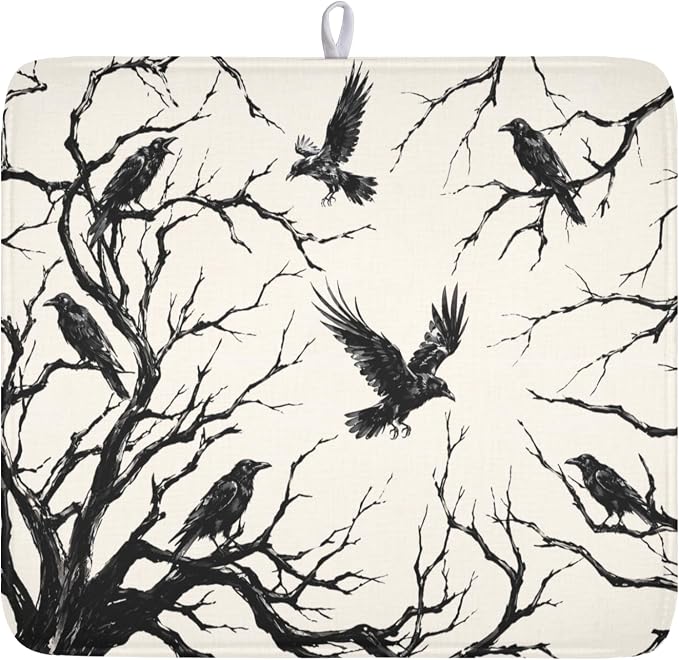 Halloween Crows Dish Drying Mat for Kitchen Counter Vintage Spooky Black Tree Branches Raven Pattern Microfiber Dish Drainer Mat Rustic Absorbent Washable Drying Pad 16"x18"