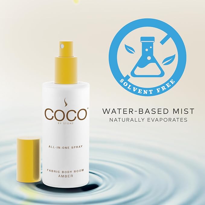COCO by Stone 5oz All-in-One Spray Amber Fabric & Room Mist | Shake-and-spray formula for fabrics, pillows, clothing, and rooms with a warm Amber fragrance. Vegan & cruelty-free.