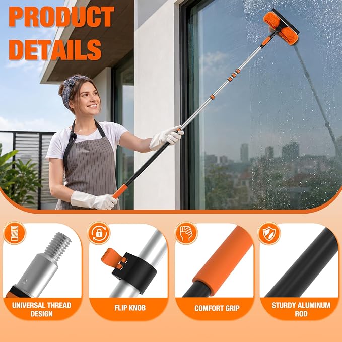 LAANPOLE 30FT Window Squeegee with Extension Pole, 2-in-1 Squeegee for Window Cleaning, Professional Cleaning Kit for Home with 24FT Telescoping Pole for Outdoor Indoor Use