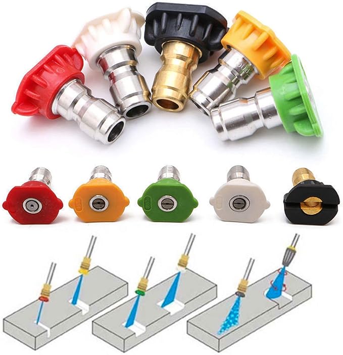 Pressure Washer Tips Power Washer Soap Nozzle Tips Multiple Degrees 1/4 Quick Connect Design Up to 4,500 PSI 2.5 GPM(5-Pack) | Pressure Washer Spray Nozzle Tips, Multiple Degrees 0° 15° 25° 40° Soap, 1/4 Inch Quick Connect for Cleaning Car, Watering