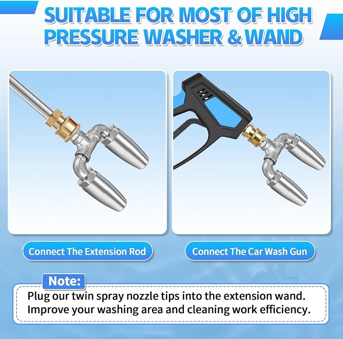 Dual Turbo Nozzle Pressure Washer, 360° Rotating Spray Tips for Power Washer, 3.0 Orifice Stainless Steel Twin Turbo Nozzle, 1/4 Quick Connect, 4-6 GPM, 4000 PSI Max