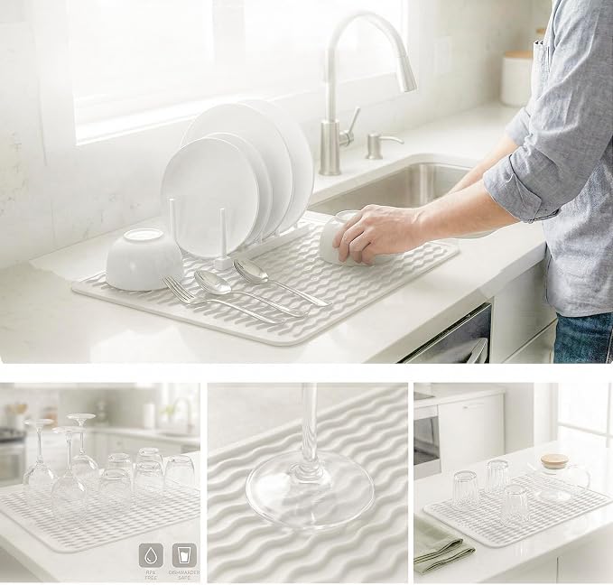 MicoYang Silicone Dish Drying Mat — Quick-Dry Ridges Counter & Sink Pad, Heat-Resistant Trivet to 450°F, Non-Slip & Dishwasher Safe, Roll-Up Storage, 18 Colors & 9 Sizes (White, 16"×12")