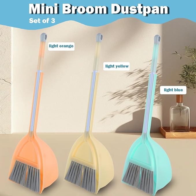 Mini Broom with Dustpan-Small Housekeeping Cleaning Sweep for Kitchen Bathroom Pet Nest Boat(3set,Blue+Orange+Yellow)