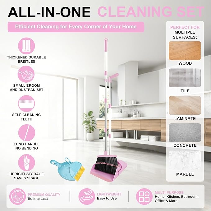 Pink Broom and Dustpan Combo Set, 51" Long Handle Broom with Mini Set | Mini Set for Tables, Kitchens & Tight Spaces, Built-in Comb Dustpan, Foldable Space-Saving Storage, Multi-Surface Use