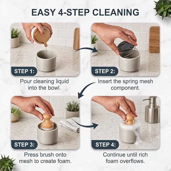 ONEMORE Bamboo Dish Brush with Ceramic Foaming Base, Kitchen Sink Scrub Brush Set with Spring and Mesh Insert, Wooden Handle Dishwashing Brush for Pots Pans Plates Bowls, Gray