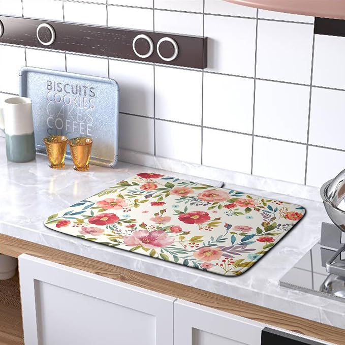 Floral Dish Drying Mat for Kitchen Counter Absorbent Microfiber Dishes Drying Pad Cute Flowers Dish Drainer Rack Mats Washable Coffee Sink Mat Extra Large 18"x24" Dish Mat