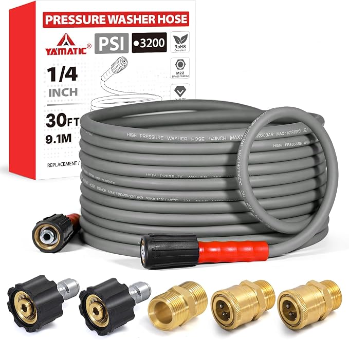 YAMATIC Upgraded Flexible Pressure Washer Hose 30FT 1/4", 3200 PSI Non-Kink Replacement with M22-14mm & 3/8" Quick Connect Adapters, Extension for Gas Power Washer Troy-Bilt Ryobi Honda Craftsman