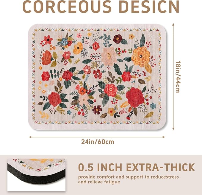 Vintage Floral Dish Drying Mat 18x24 Inch, Dish Mat Drying Kitchen Mats for Extra Large Absorbent Countertop, Aesthetic Boho Drying Matt Kitchen Counter Washable Heat Resistant Dish Drainer Rack Mat