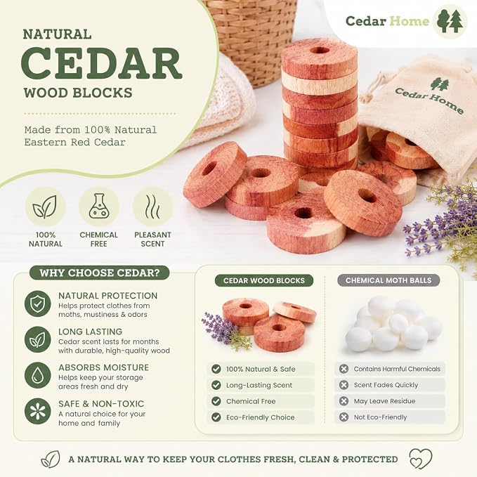 Cedar Blocks for Clothes Storage | Cedar Balls & Rings | Dresser Drawer Freshener Odor Eliminator | 40 Pieces, 30 Rings & Bonus 10 Balls, U.S.A Seller