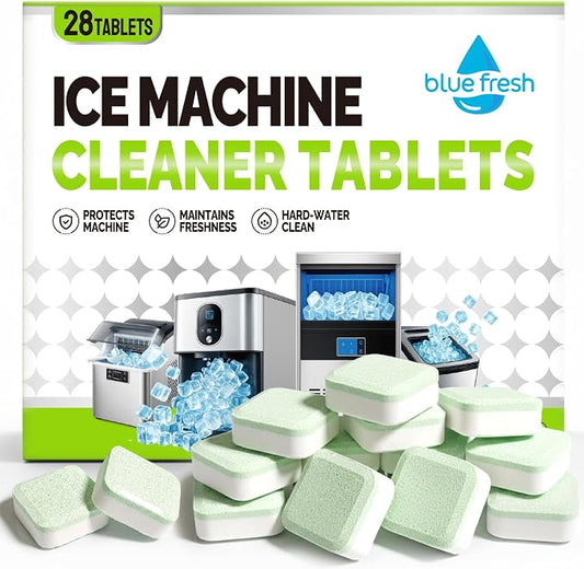 blue fresh Ice Machine Cleaner Tablets for Hard Water - 28 Pack Nickel Safe Scale Removal for Countertop Portable Commercial Nugget Ice Makers, Compatible with Opal, GE Profile, Frigidaire