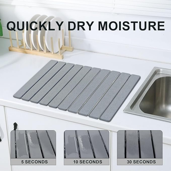 Large Stone Dish Drying Mat for Kitchen Counter, 24"×16" Quick Dry Collapsible Diatomaceous Earth Mat – Super Absorbent Foldable Drying Pad for Dishes (Light Gray, 23.2" x 15.4")