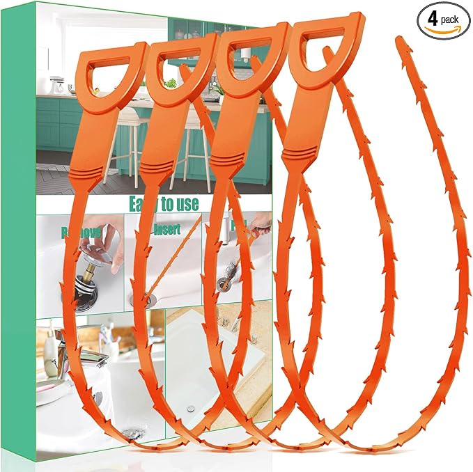 Drain Snake Hair Drain Clog Remover - 4 Pack Shower Snake Sink Unclogger Tool with Exquisite Packaging (Orange)