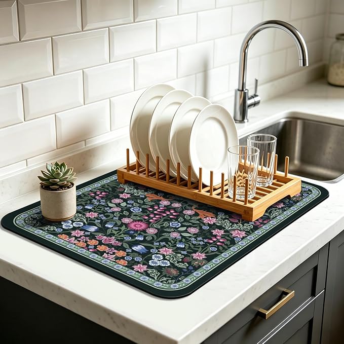 Dish Drying Mat for Kitchen Counter 18x24 Inch, Boho Quick Dry Coffee Mat | Made of super absorbent diatomite that quick dries dishes, coffee machine & sink area. Non-slip rubber base for countertop