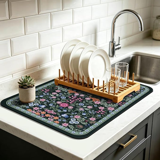 Dish Drying Mat for Kitchen Counter 18x24 Inch, Boho Quick Dry Coffee Mat | Made of super absorbent diatomite that quick dries dishes, coffee machine & sink area. Non-slip rubber base for countertop