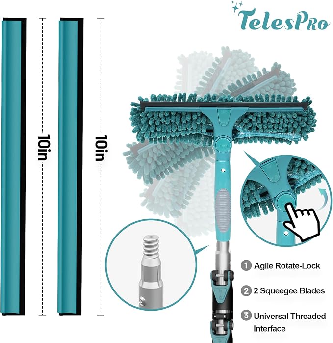 TelesPro 36 Feet High Reach Window Squeegee with 7-30 Ft Extension Pole, Window Cleaner Tool with 5-Stage Telescoping Pole, Window Cleaning Kit with Rotatable Head (2 Squeegee & 2 Microfibre Cloths)