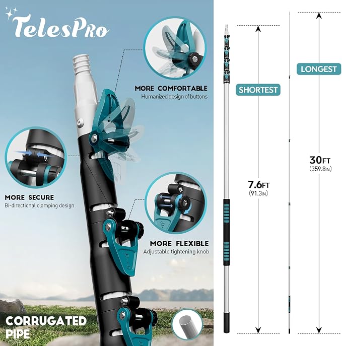 TelesPro 36 Foot High Reach Duster Kit with 7-30FT Extension Pole High Ceiling Dusting and Window Cleaning Kit with Telescopic Pole Window Washer&Squeegee,Cobweb Duster,Fan Duster and Feather Duster