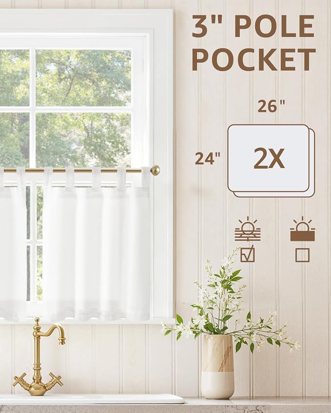 jinchan Linen Tier Curtains, Tab Top, 26x24, 2 Panels, Beige White | Light filtering, linen blend, farmhouse style, rustic decor, cafe curtain, kitchen, bathroom, laundry room, RV, small windows