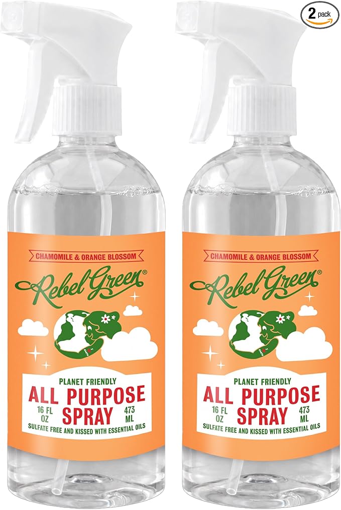 Rebel Green Natural All-Purpose Cleaning Spray - Plant-Based Multi-Surface Cleaner with Essential Oils for Kitchen, Bath, Countertops and More - Orange & Chamomile - 16 oz - 2 Pack
