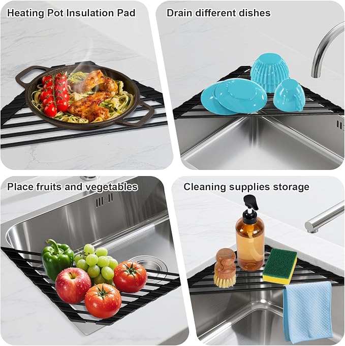 HANZENMA Triangular Sink Rack, Multi-Functional Rack Above the countertop, Foldable Sink Drying mat, Heat-Resistant, Non-Slip, and Rust-Proof Dish Rack (Black)