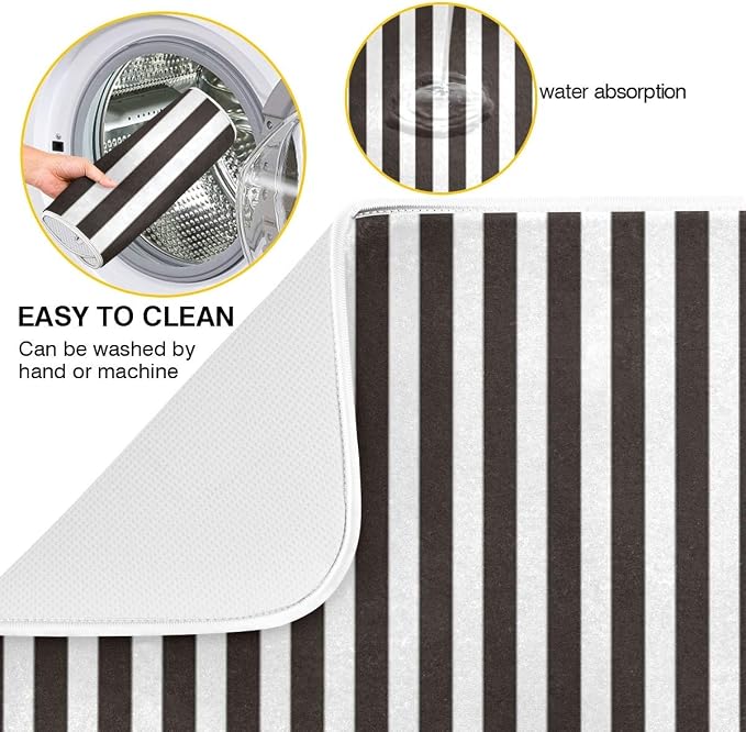 Black White Stripes Dish Drying Mat for Kitchen, Absorbent Microfiber Drying Pad Dish Mat, 16" X 18"