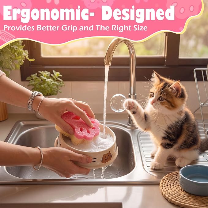 FillTouch 3 Pcs Dual Sided Scrub Sponge Multi Functional Cute Temperature Sensitive Non Scratch Dish Sponge for Washing Dishes Kitchen Bathroom (Cat Paw,Pink, Orange, Blue)
