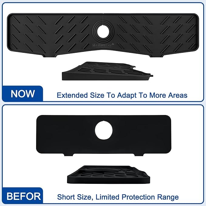 Faucet Mat for Kitchen Sink – 24” x 5.1” Extra-Long Silicone Splash Guard with 10° Slope & Upgraded Drainage – Gen 3 Sink Water Catcher & Sponge Holder for Kitchen, Bathroom (Black)