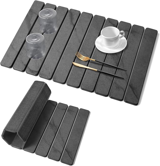 Large Stone Dish Drying Mats for Kitchen Counter, 24"(L)×16"(W) Marble Pattern, Quick Dry Collapsible Dish Drying Mat, Eco-Friendly Absorbent Diatomaceous Earth Mat for Dishes Bottles Cups - Dark Gary