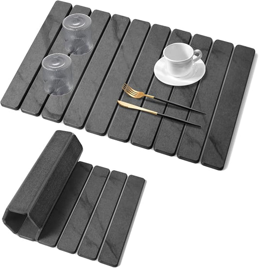 Large Stone Dish Drying Mats for Kitchen Counter, 24"(L)×16"(W) Marble Pattern, Quick Dry Collapsible Dish Drying Mat, Eco-Friendly Absorbent Diatomaceous Earth Mat for Dishes Bottles Cups - Dark Gary