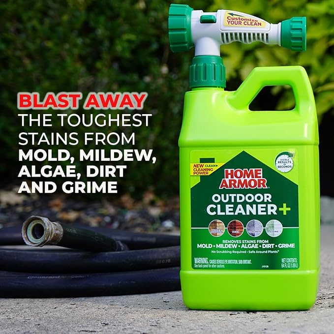 Home Armor Outdoor Cleaner+, 64 oz., Remove Stains from Mold, Mildew, Algae, Dirt and Grime for Visible Results in Seconds, No Scrubbing Required, Plant Safe When Used as Directed