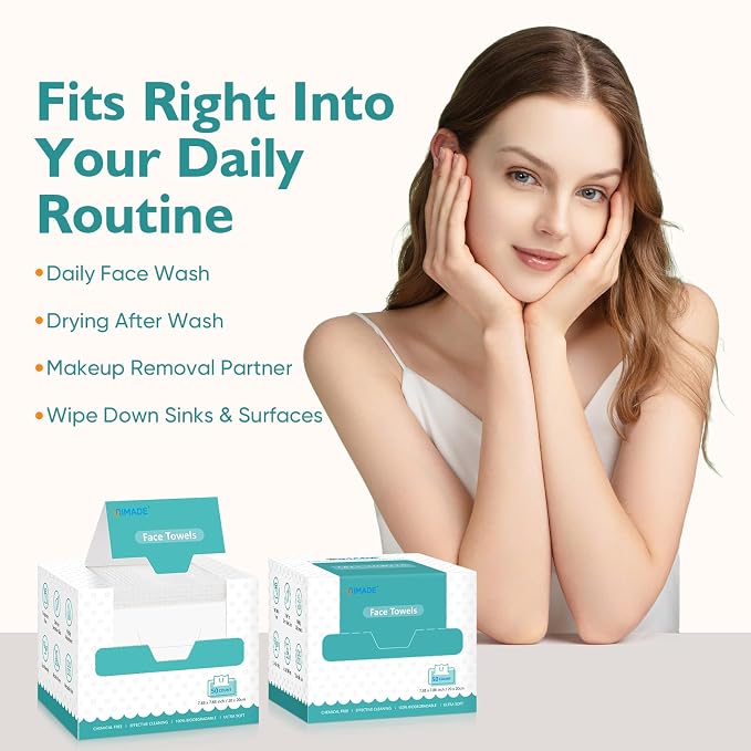 UNIMADE Face Towels, 100 Count Disposable Face Towelette for Washing Face, Skincare, Ultra Soft Facial Towel for Sensitive Skin, Lint-free Makeup Remover Dry Wipes - 2 Box