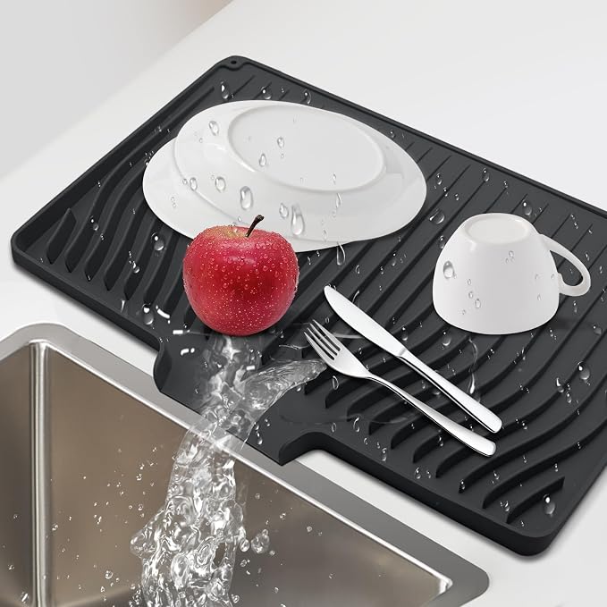 Silicone Dish Drying Mat for Kitchen Countertops and Sinks,19 x13.7 Inch Non Slip Heat Resistant Mat with Built In Drainage System,For Refrigerator and Drawer Liners (black, 19 x13.7 Inch)