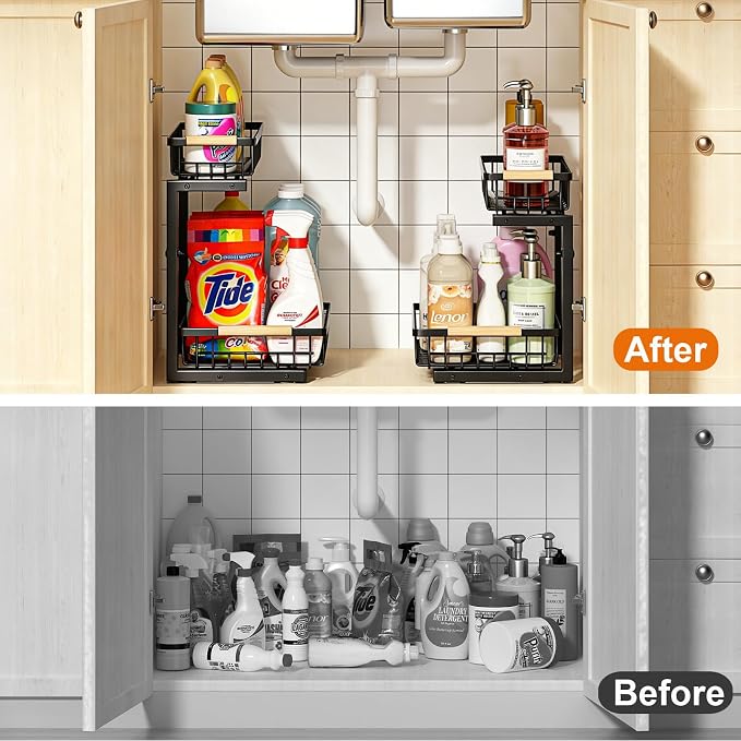 REALINN Under Sink Organizer, 2 Pack Height Adjustable Under Sink Organizers and Storage, 2 Tier Pull Out Drawer Cabinet Storage for Kitchen Bathroom
