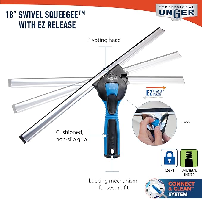 Unger Professional Connect & Clean 18" Window Scrubber Washer for Glass Cleaning and 18” Window and Glass Cleaning Squeegee with EZ Change, Swiveling Head for Corners and Edges