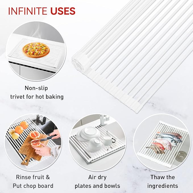 MERRYBOX Roll Up Dish Drying Rack, Silicone Wrapped Over The Sink Dish Rack Foldable Dish Drainer Anti-Slip Dish Racks for Kitchen Sink, Multipurpose Kitchen Sink Drying Rack, 17.5" x 13", White