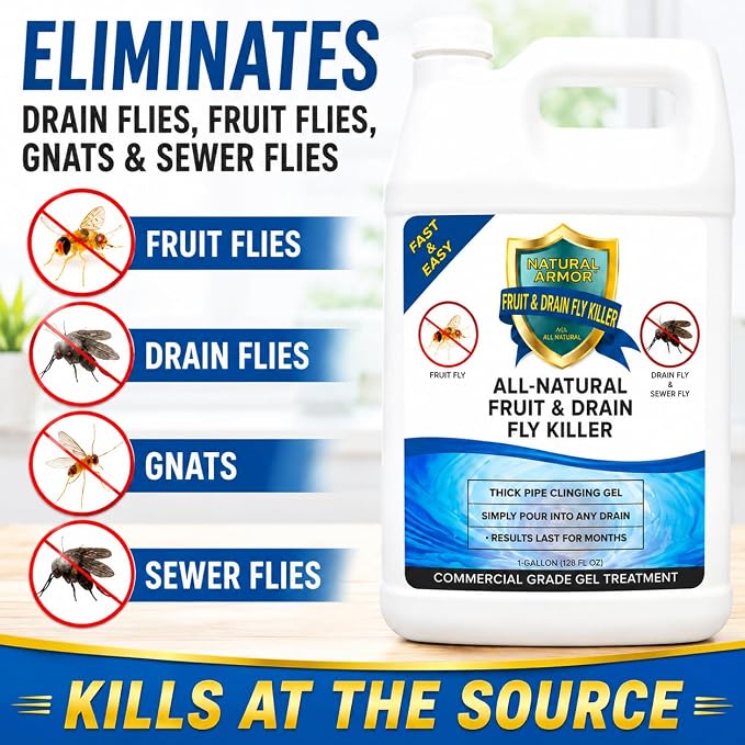 Natural Armor Drain Fly & Fruit Fly Killer (128 Oz, Case of 4) | Commercial Drain Treatment for Indoor Drains - Eliminates Drain Flies, Fruit Flies, Gnats & Sewer Flies - Septic Safe