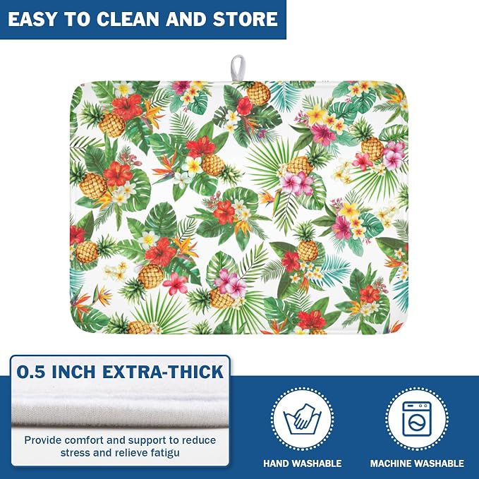 Summer Tropical Dish Drying Mat for Kitchen Counter Hawaii Palm Leaves Floral Pineapple Microfiber Dish Drainer Mat Rustic Absorbent Washable Drying Pad Extra Large 18"x24"