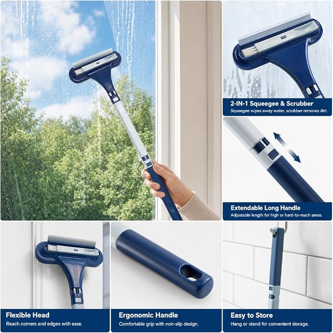 Window Screen Cleaning Brush, 2026 Upgraded 3 in 1 Mesh Cleaner Brush, Window Screen Cleaner Tool with Squeegee, Multifunctional Screen Brush, Double Sided Wet & Dry Dual Use (Blue )