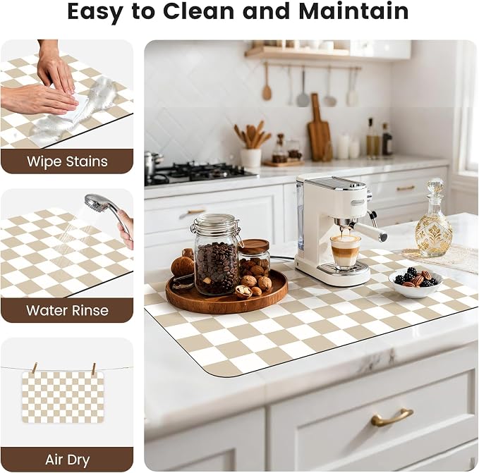 17" x 32" Checkered Dish Drying Mat for Kitchen Counter, Absorbent Coffee Bar Mat for Espresso Machine Coffee Countertops Accessories, Beige