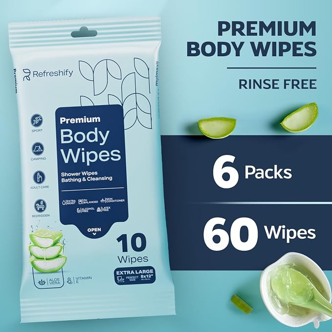 60 XL Shower Wipes – Body Wipes for Adults Bathing No Rinse – 6 Packs of 10 – Extra Moist Bath with Aloe & Vitamin E for Camping, Travel, Gym & Bedridden Care