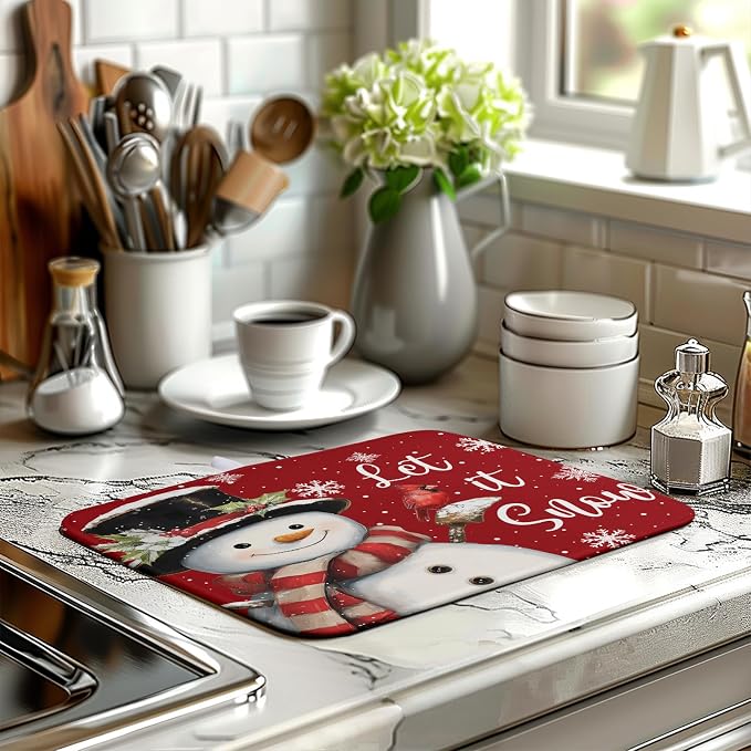 Snowman Christmas Dish Drying Mat Winter Drying Mats for Kitchen Counter Xmas Holiday Red Dish Draining Mat Microfiber Absorbent Reusable Dish Rack Pad 16x18 Inch
