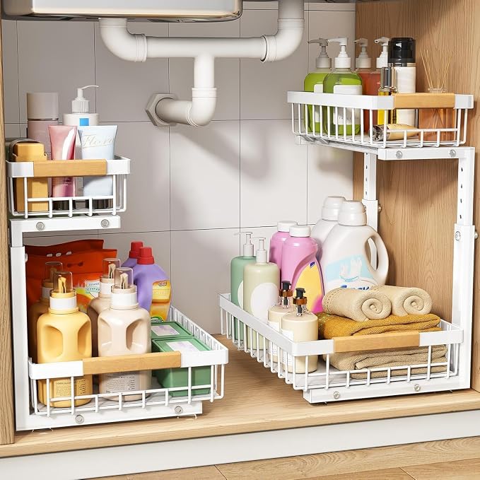 PXRACK Under Sink Organizer, Adjustable Height, 2 Tier Pull Out Under Cabinet Organizer, Slide Out Thickened Metal Under Sink Storage for Kitchen Bathroom Laundry Pantry Cabinet, White, Large-1-Pack