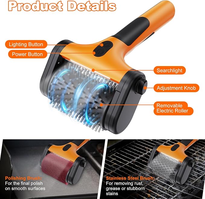 Electric Grill Brush – 2600mAh Rechargeable Outdoor Grill Cleaner, 2-Speed Adjustable (Up to 1000 RPM), 2 Replacement Heads, with LED Light, for BBQ Grates/Camping Stoves (Orange)