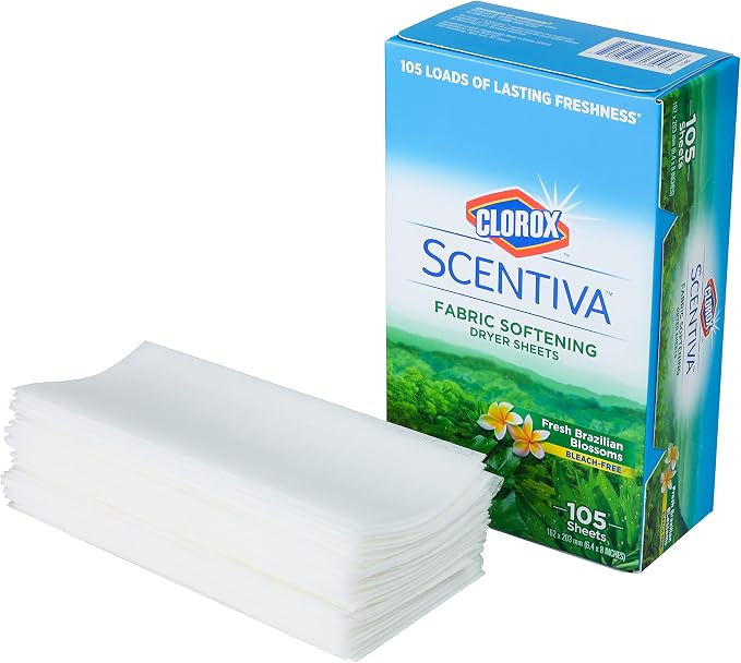 Clorox Scentiva Fabric Softener Dryer Sheets, Fresh Brazilian Blossoms Scent - Wrinkle Reducing Scented Softening Laundry Dryer Sheets for Great Smelling Clothes, 105 Count