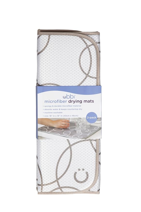 Ubbi Taupe Microfiber Dish Drying Mat, Baby Bottle Drying Mat, Kitchen Counter Dish Mat, Pack of 4